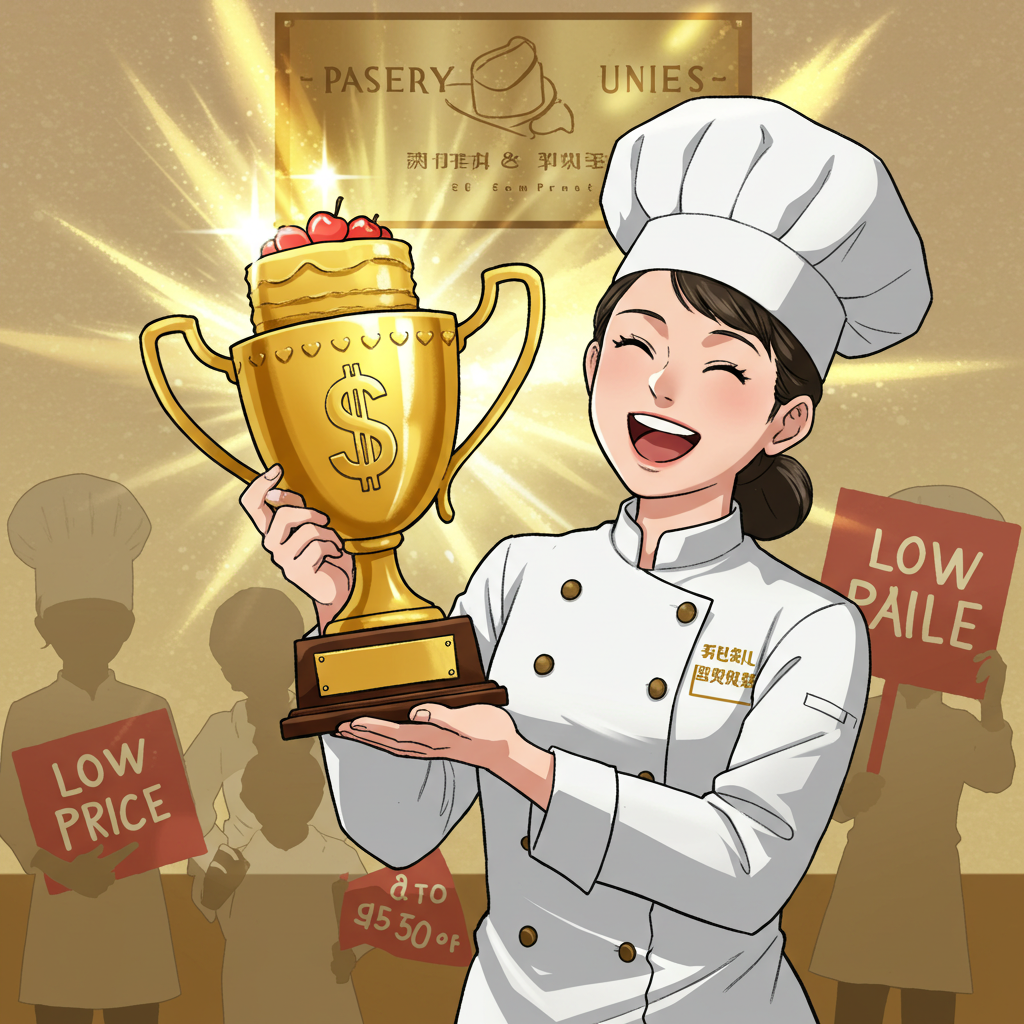 Ícone de uma pequena loja de bolos vista como um prédio gigante e desejado